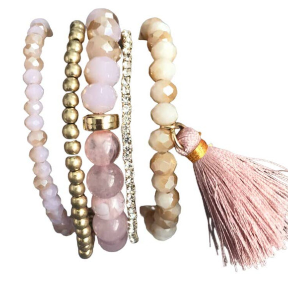 Francesca's Barbara Rose Quartz Tassel Bracelet Set Pink - Picture 2 of 6